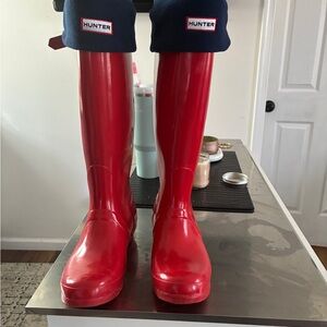 Hunter Gloss Red Tall Rain Boots with Navy Cuffs
